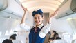 © StocksJust4You - Elegant stewardess in uniform warmly greeting passengers at aircraft entrance, smiling confidently with welcoming posture inside modern airplane cabin before takeoff