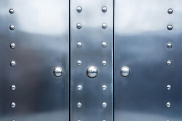 Poster - Shiny silver metal surface with large and small round rivets. Polished stainless steel texture for industrial background and abstract pattern.