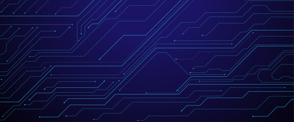 Fototapete - Vector Technology connected dark blue lines and dots with electronics elements on tech bg. Digital technology futuristic internet network speed connection dark blue background. 