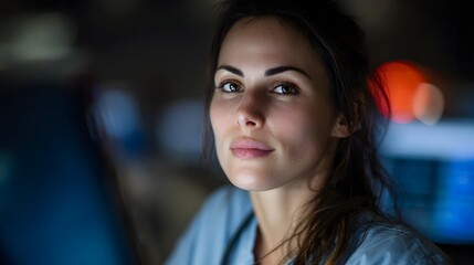 Poster - Focused night shift nurse monitoring medical equipment in a hospital ward
