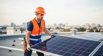 Poster - Construction worker installing photovoltaic panels on a roof, working on a renewable energy project in urban setting, contributing to sustainable development