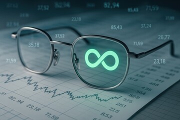Poster - Endless Vision: An intellectual composition featuring a pair of eyeglasses resting atop financial documents, with an infinite symbol cleverly integrated into the lenses.