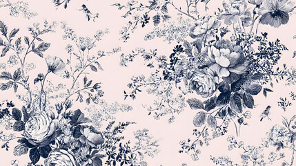 Wall Mural - Toile De Jouy vintage floral seamless pattern, elegant vector graphics. Featuring delicate florals, wildflowers, and romantic motifs, this pattern is crafted with meticulous attention to detail.