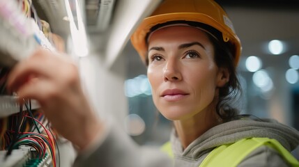 Poster - Woman wearing hard hat examines electrical wiring in modern facility during day time
