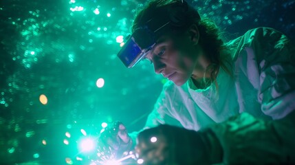 Poster - Scientist conducting underwater welding in a laboratory with glowing lights during evening hours