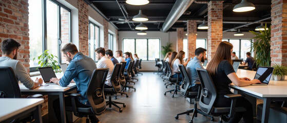 Poster - Modern office space with people working on laptops, collaborative environment, brick walls, large windows, natural light, focused atmosphere