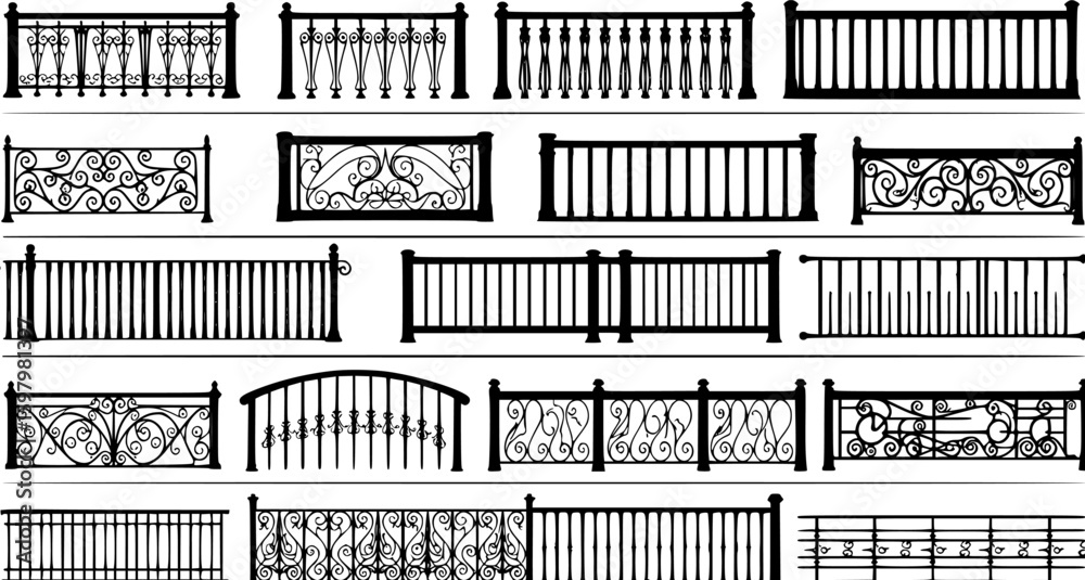 Set of vector set of Seamless illustration of different railings ...