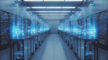 Poster - Digital information flowing through futuristic hardware cabinets illuminates a server room within a data center, showcasing advanced technology and powerful connections for seamless communication