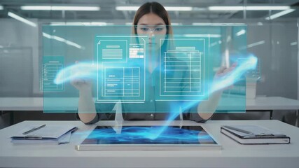 Poster - Businesswoman is using a futuristic interface to manage documents, manipulating holographic spreadsheets and files with hand gestures in a modern office environment