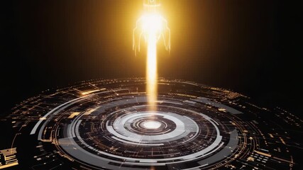 Poster - Golden rocket ship launching from a vibrant, futuristic circular platform filled with glowing lights and circuits against a black background, symbolizing innovation and progress