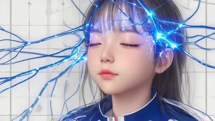 Poster - Blue glowing neural network is connecting the brain of a young student with closed eyes, symbolizing artificial intelligence and mind control