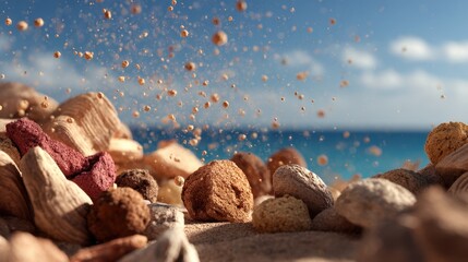 Wall Mural - cubic stone rolling across sandy beach near ocean shoreline, surrounded by scattered pebbles and swi