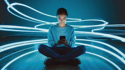 Poster - Young student using smartphone sitting on the floor surrounded by futuristic neon lights, representing internet connection, social media, and metaverse