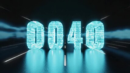 Poster - Futuristic digital number 0040, crafted from binary code, standing on a road at night, representing advancements in technology and innovation in a modern, abstract setting