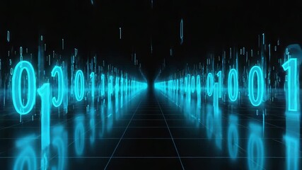 Poster - Glowing blue binary numbers form a futuristic corridor, creating a technological path in a dark cyberspace environment, symbolizing the flow of digital information