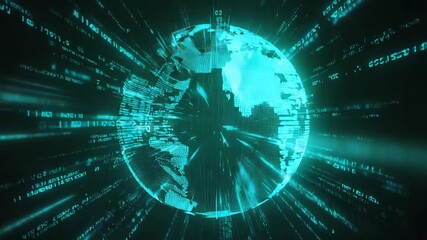 Poster - Futuristic digital data streams are flowing around a rotating planet earth, creating a mesmerizing visualization of global communication and information exchange