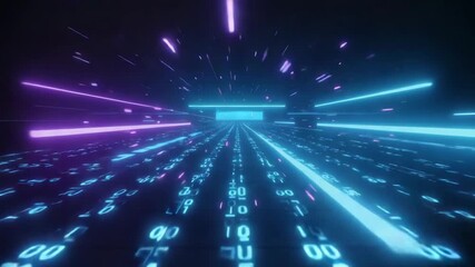 Poster - Glowing blue and purple neon lights streak through a dark cyberspace tunnel with flowing digital data streams, creating a futuristic and high-tech atmosphere