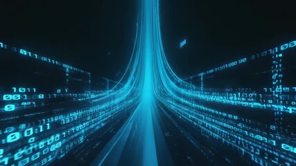 Poster - Converging streams of binary code flow into a radiant center, crafting a striking visualization of futuristic cyberspace and dynamic data transfer in a digital landscape
