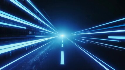 Poster - Binary code flowing along futuristic highway at high speed, creating immersive digital tunnel effect, symbolizing data transmission and technological advancement