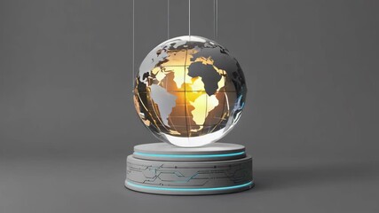 Poster - Glass earth globe hanging over a futuristic podium with glowing blue neon lights, showcasing the american continents in a modern and technologically advanced presentation