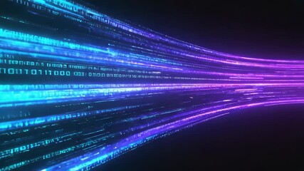 Poster - Flowing binary code streams on a dark background create a futuristic concept with vibrant purple and blue lights, perfect for visualizing digital data and cybersecurity