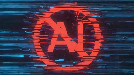 Poster - Large red no symbol is superimposed over the letters ai on a distorted digital screen, representing a ban or prohibition of artificial intelligence technology