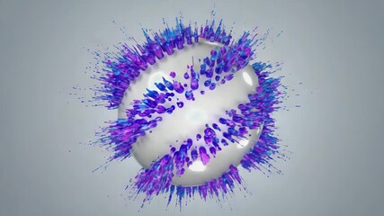 Poster - Purple and blue splashes exploding from a white sphere against a gray background create a vibrant visual effect, symbolizing innovation, creativity, and energy