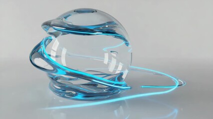 Fototapete - Transparent glass sphere with glowing blue neon lights gracefully orbiting around it creates a mesmerizing visual effect, showcasing a perfect blend of elegance and futuristic design