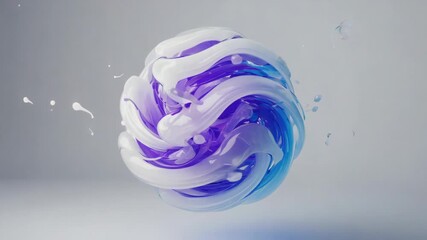 Poster - White and purple paint streams intertwine, forming an abstract sphere, with smaller droplets scattered around, against a gray background, creating a visually captivating abstract composition