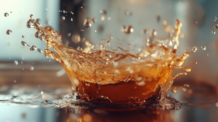 Poster - Close-up of amber liquid splashing, creating a crown-like splash.