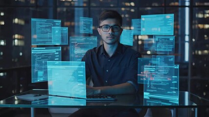 Poster - Software developer is using a futuristic transparent laptop and keyboard, interacting with virtual screens displaying source code while working late in a modern office with a city view at night