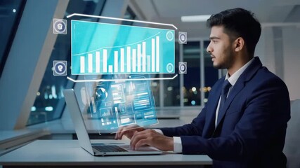 Poster - Businessman working on a laptop with holographic futuristic augmented reality business data and charts analyzing financial strategy in a modern office at night