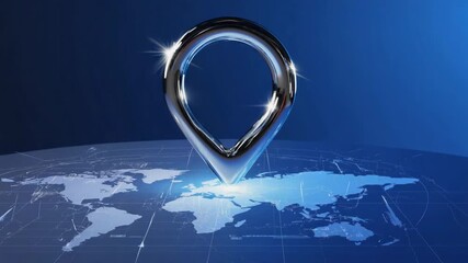 Poster - Shiny metallic location pin highlighting europe on a blue digital world map filled with data, symbolizing global positioning systems and advanced navigation technology