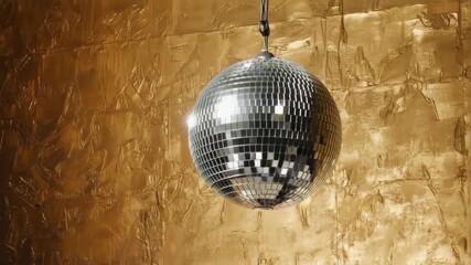Poster - Classic disco ball hanging from ceiling with golden textured background reflecting light, creating a festive atmosphere for a party or celebration