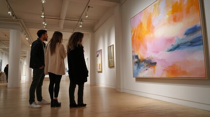 Poster - Visitors explore contemporary artwork in a spacious gallery during an evening exhibition