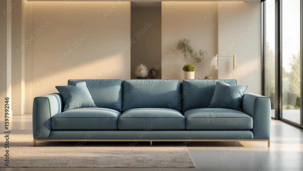 Modern blue sofa in a minimalist living room with natural light, plants, and neutral tones.