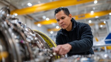 Poster - Skilled technician performing maintenance on an aircraft engine in a well-lit workshop environment
