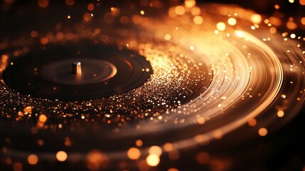Poster - Close-up of a spinning vinyl record with golden sparkles and bokeh.