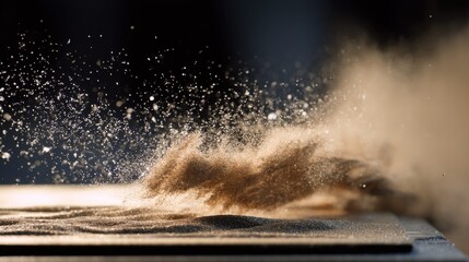 Poster - Powdery material dramatically bursting into dynamic wave pattern, revealing intricate physics of material densification during advanced 3d printing manufacturing process