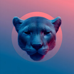 Poster - Digital illustration of a stylized mountain lion head surrounded by a circular gradient background at dusk
