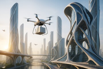 Poster - Futuristic drone delivery flying through modern cityscape with innovative architecture and complex light-reflective buildings at sunrise. Ai generative