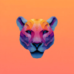 Poster - Colorful geometric depiction of a lion's face against a gradient background showcasing creative digital art techniques