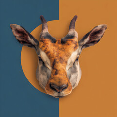 Poster - Creative art piece featuring a stylized goat's head on a split background with vibrant colors for modern interior decor