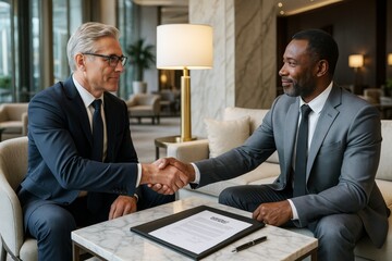 Poster - Two businessmen in suits shaking hands after signing a contract at a modern office table in a bright and elegant business environment. Ai generative