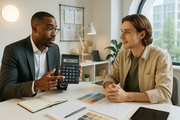Poster - Business advisor explaining tax deductions to creative client using large calculator in modern bright office with finance documents on desk. Ai generative