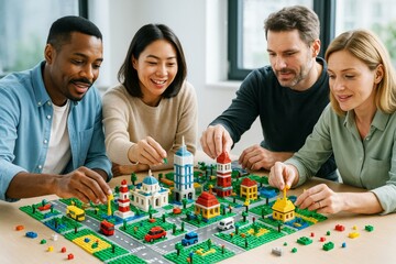 Poster - Group of creative professionals building miniature city layout with colorful blocks during brainstorming meeting in bright office setting. Ai generative