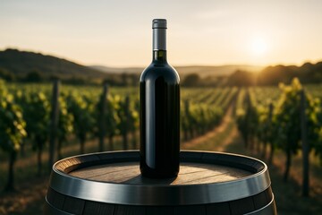 Poster - Wine bottle mockup on wooden barrel in vineyard at sunset with blank label for branding or design presentation concept outdoors in natural light. Ai generative