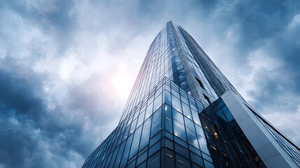 Poster - Towering corporate skyscraper under dramatic cloudy sky