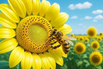 Wall Mural - close-up of honeybee collecting pollen from vibrant sunflower in bright natural environment with sun
