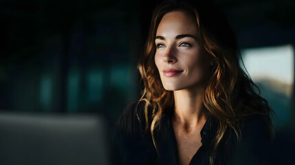 Poster - Focused businesswoman using laptop in modern office